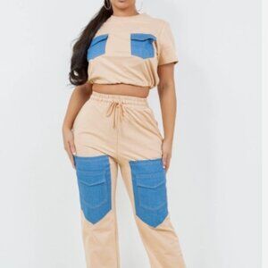 Women' Fashion 2 Pieces Denim Stitching shirt Joggers Pants - Daily Wear (Baige)